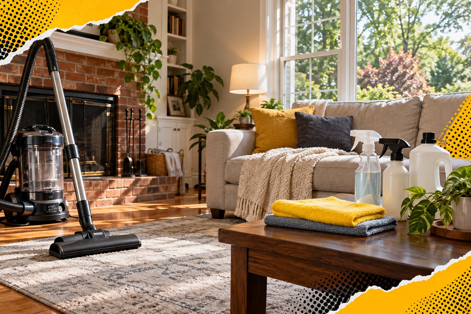 Clean family living room and cleaning equipment with yellow and black pop-art accents — AI-generated illustration