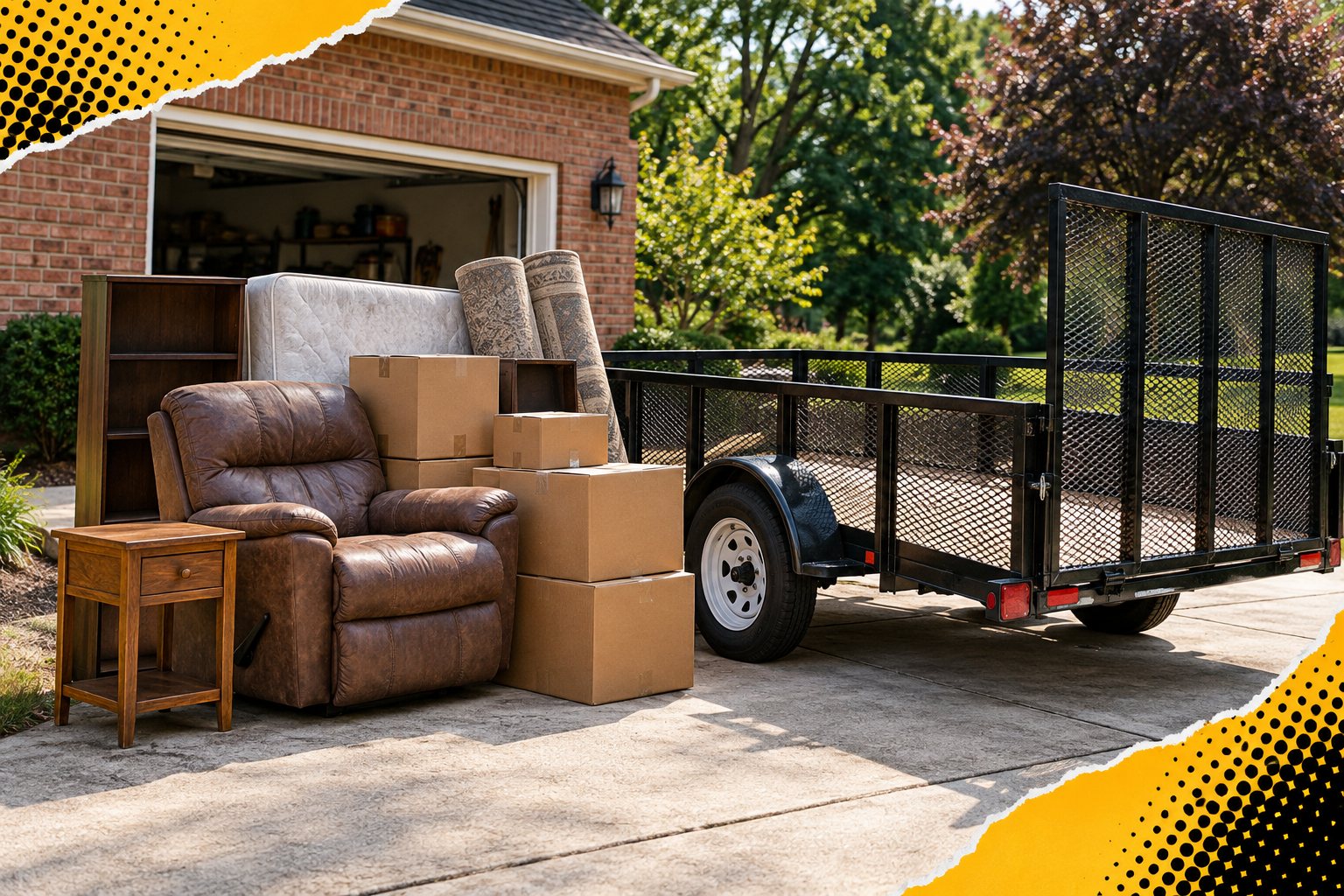 Garage furniture and boxes ready for removal with yellow and black pop-art accents — AI-generated illustration