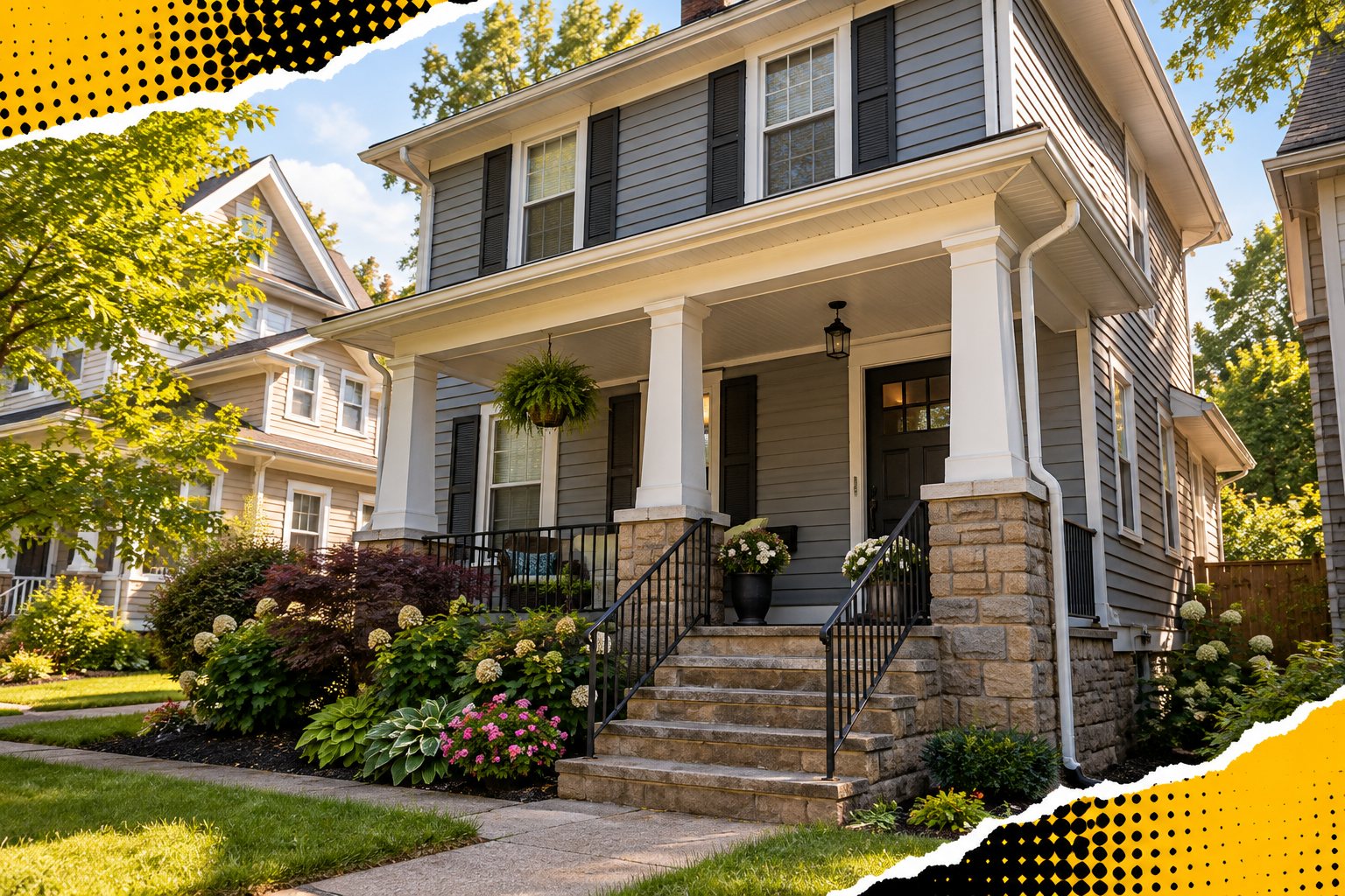 Neighborhood home porch, siding and exterior trim with yellow and black pop-art accents — AI-generated illustration