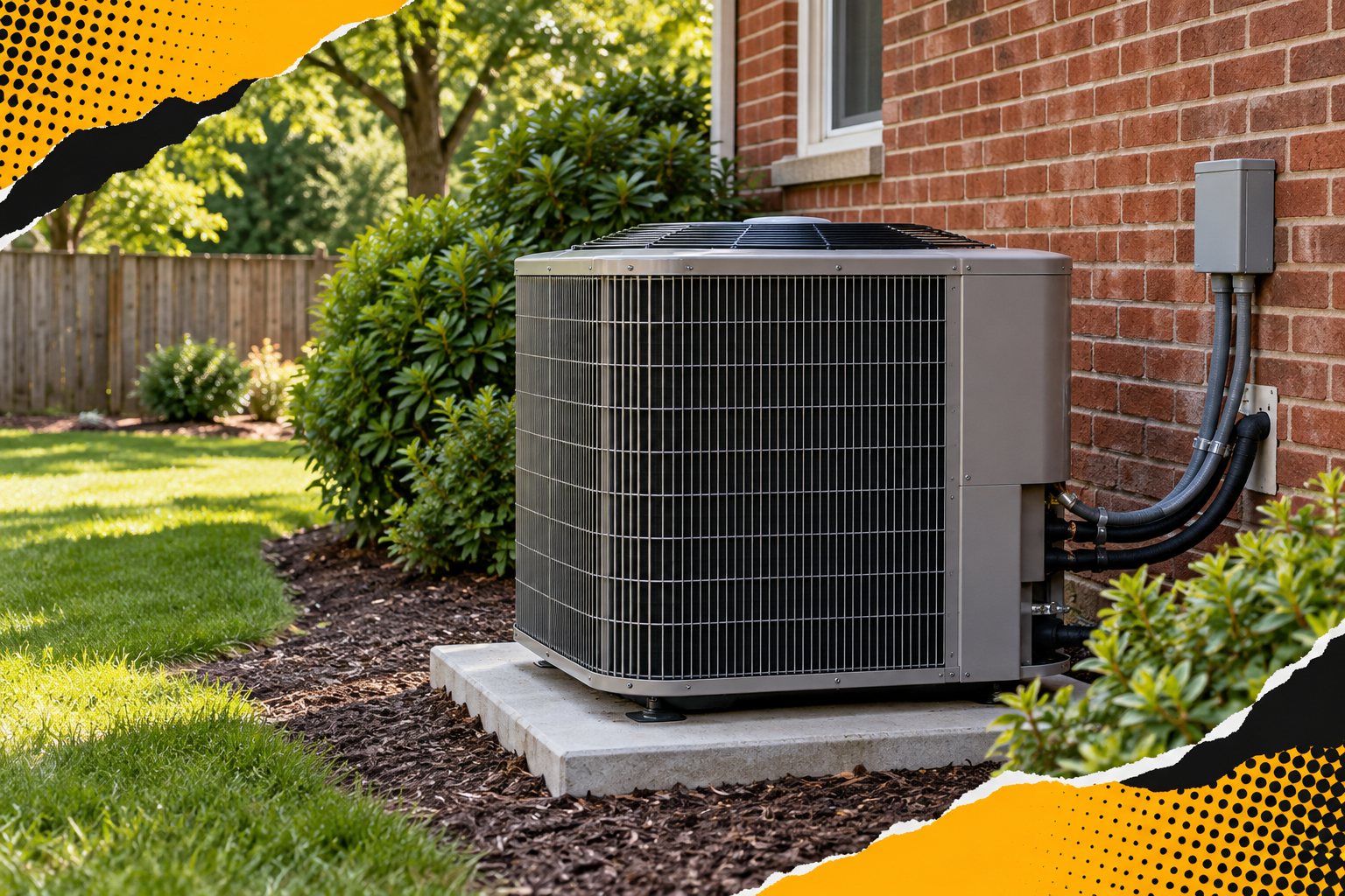 Residential heat pump beside a brick home with yellow and black pop-art accents — AI-generated illustration