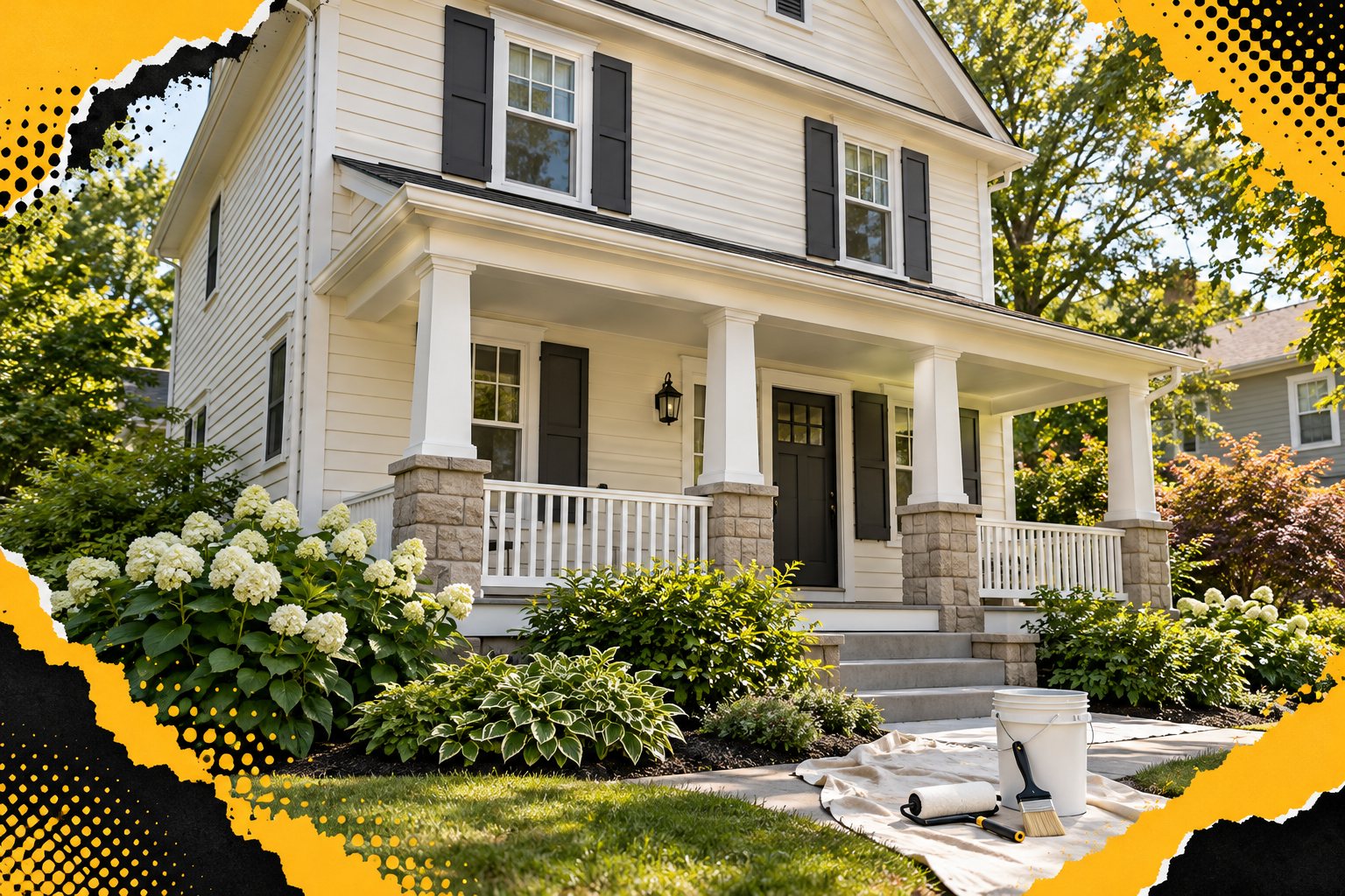 Freshly painted house siding, porch trim and exterior painting supplies with yellow and black pop-art accents — AI-generated illustration