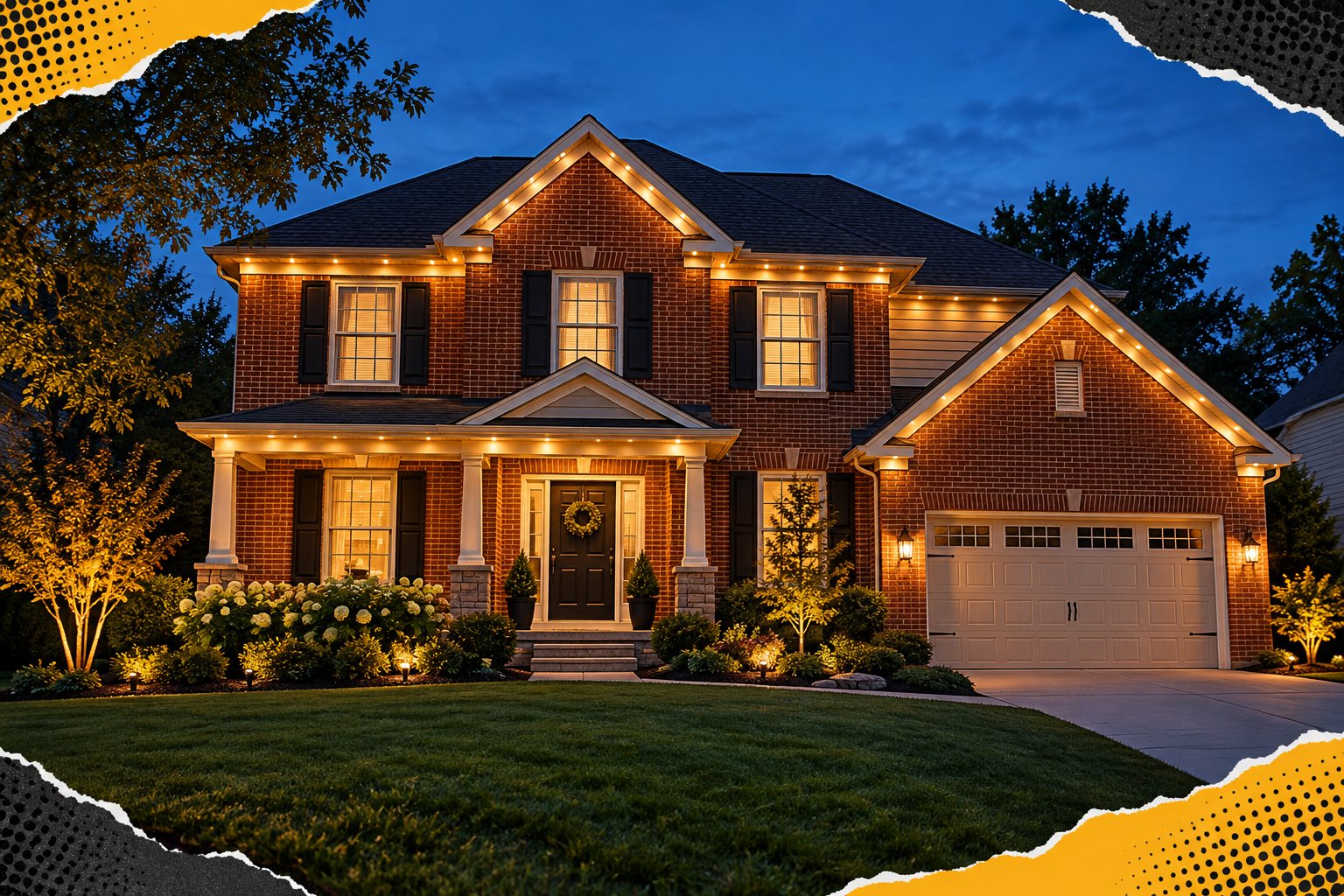 Brick home at dusk with permanent roofline lighting and yellow pop-art accents — AI-generated illustration