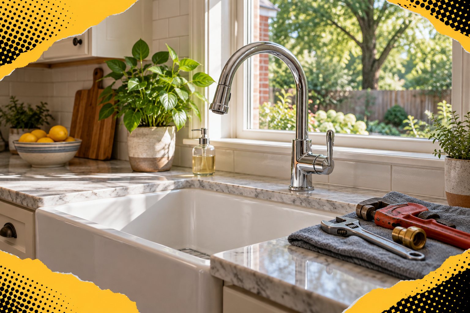 Kitchen sink, faucet and plumbing tools with yellow and black pop-art accents — AI-generated illustration
