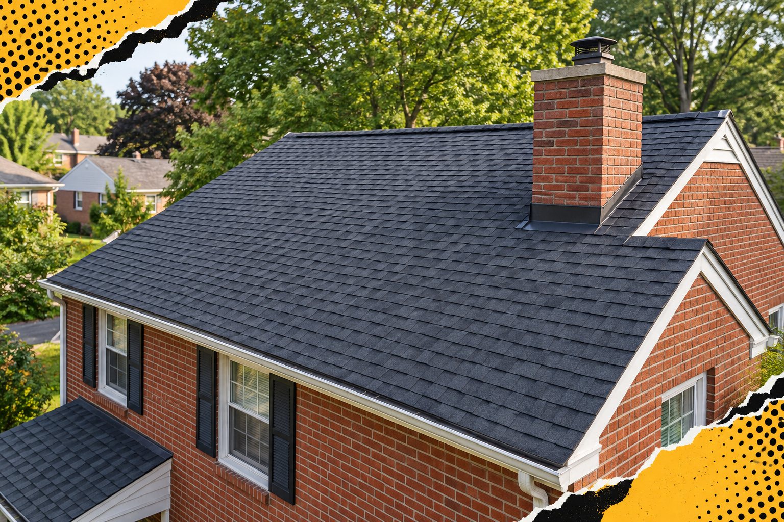 Charcoal shingle roof on a neighborhood brick home with yellow and black pop-art accents — AI-generated illustration