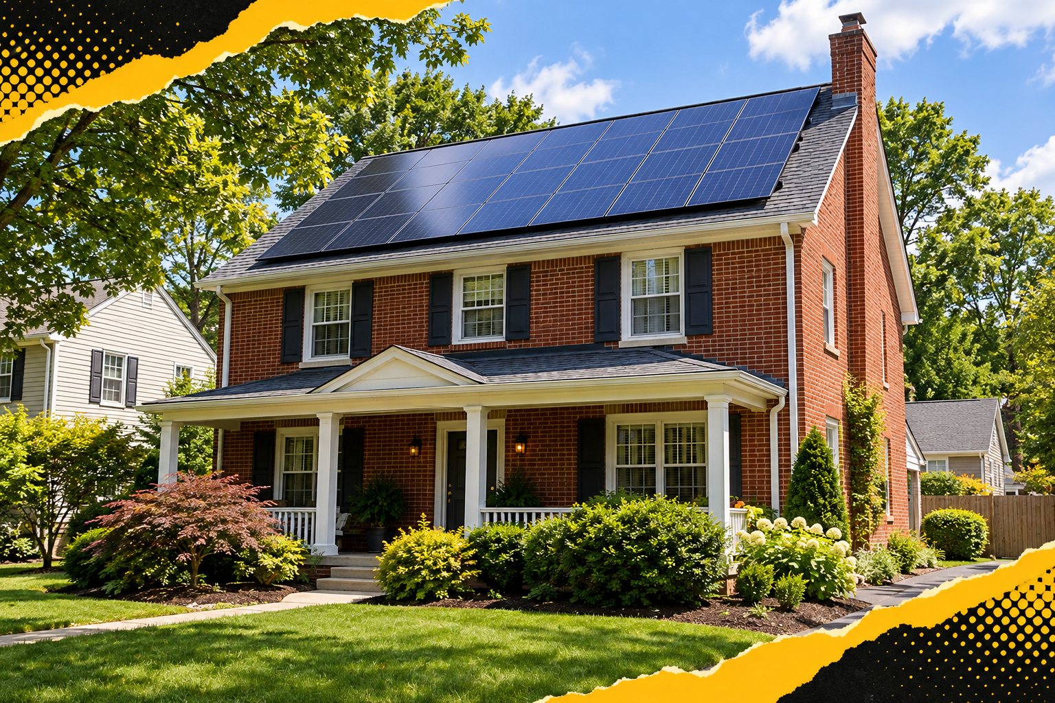 Solar panels on a two-story red-brick home with yellow and black pop-art accents — AI-generated illustration